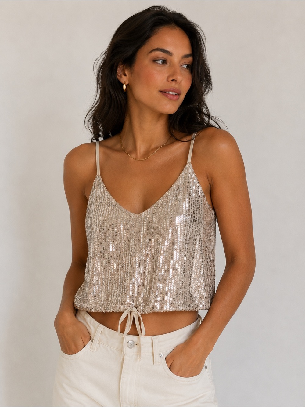 Zara Sequin Drawstring Cami Top – Champagne, Size Small